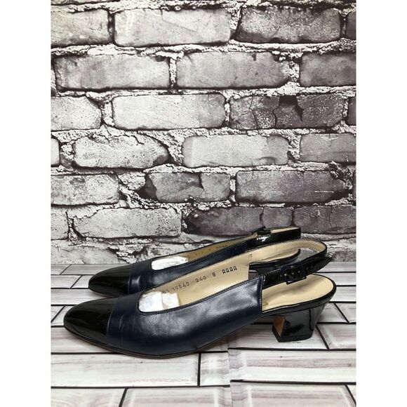 Salvatore Ferragamo Blue Leather Cap Toe Slingback Pumps Heels Women Sz 8AAAA US - Picture 7 of 16